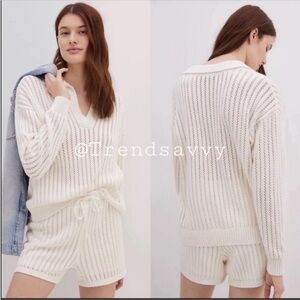 Anthropologie Current Air White Knit Lounge Set Petite SP Sweater Shorts Outfit